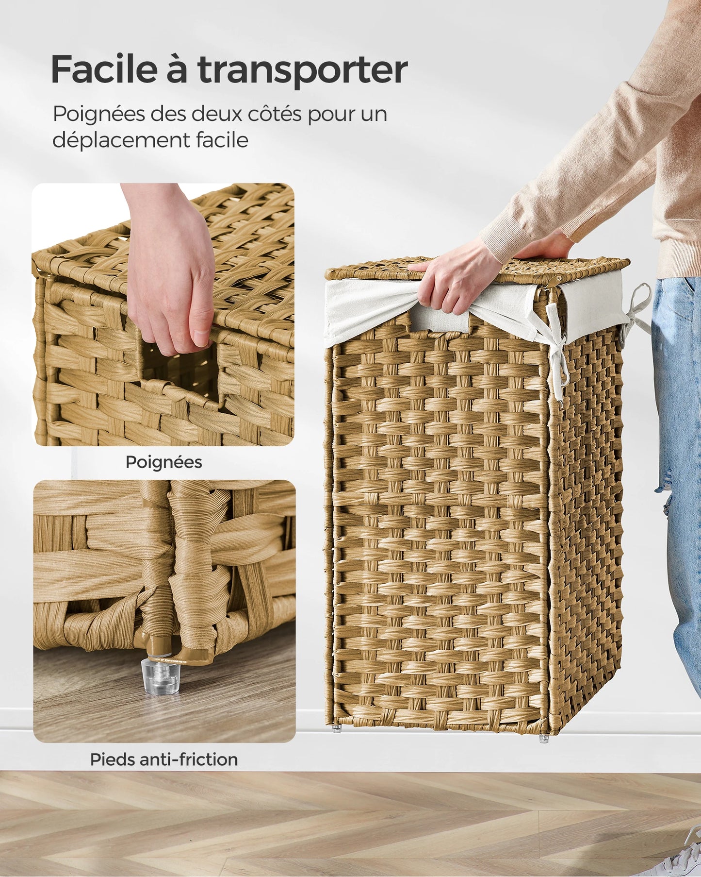 Panier à linge 90L – Panier en rotin synthétique avec couvercle, poignées et doublure amovible
