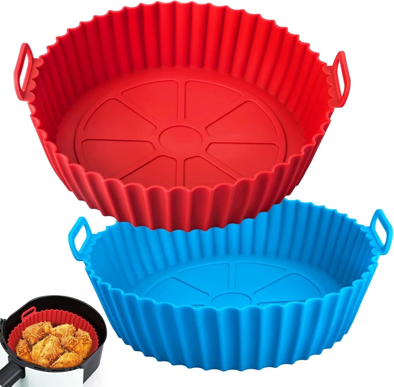 deux paniers en silicone pour airfryer, couleur rouge et bleu