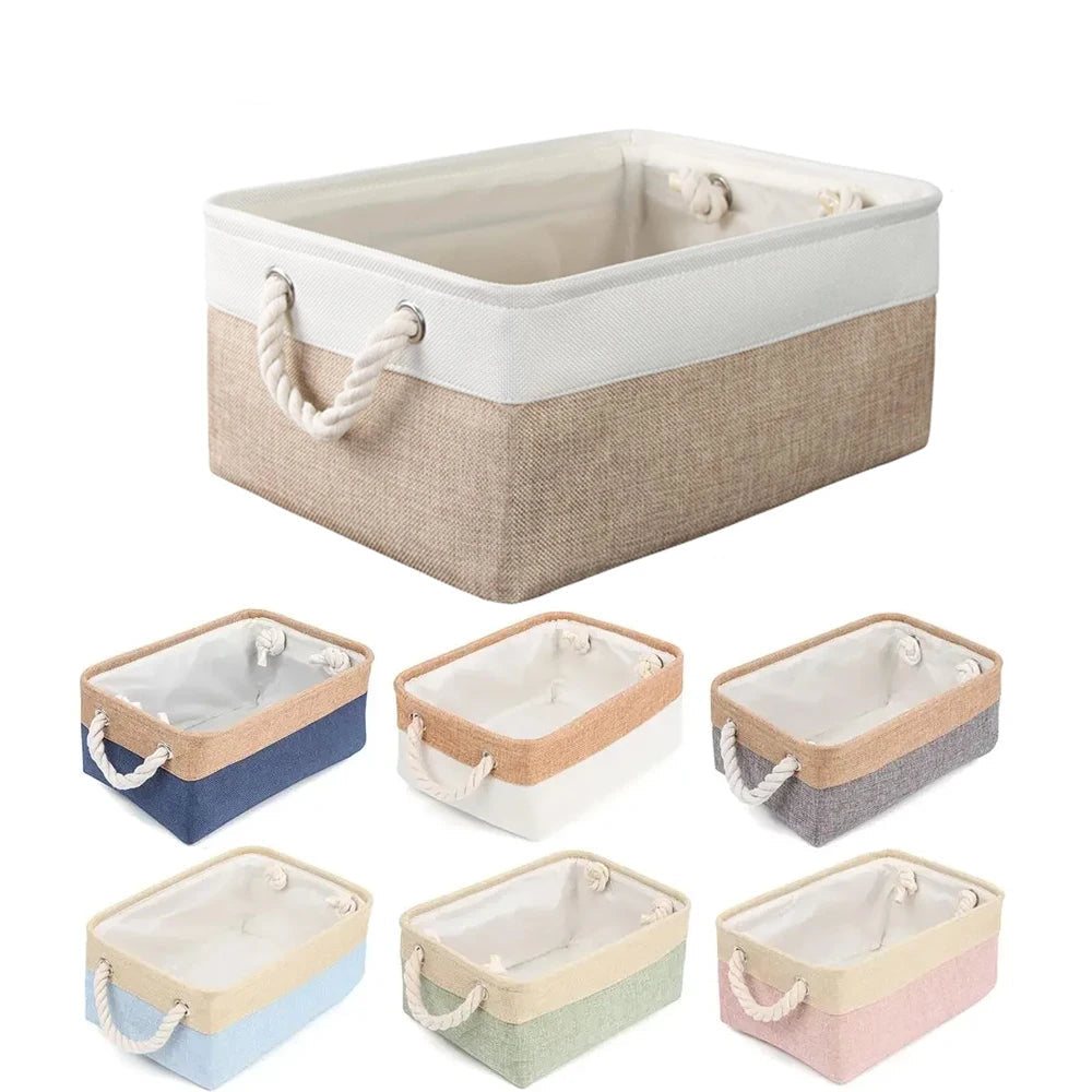 Panier de rangement pliable en lin – Boîte de rangement avec poignées en corde