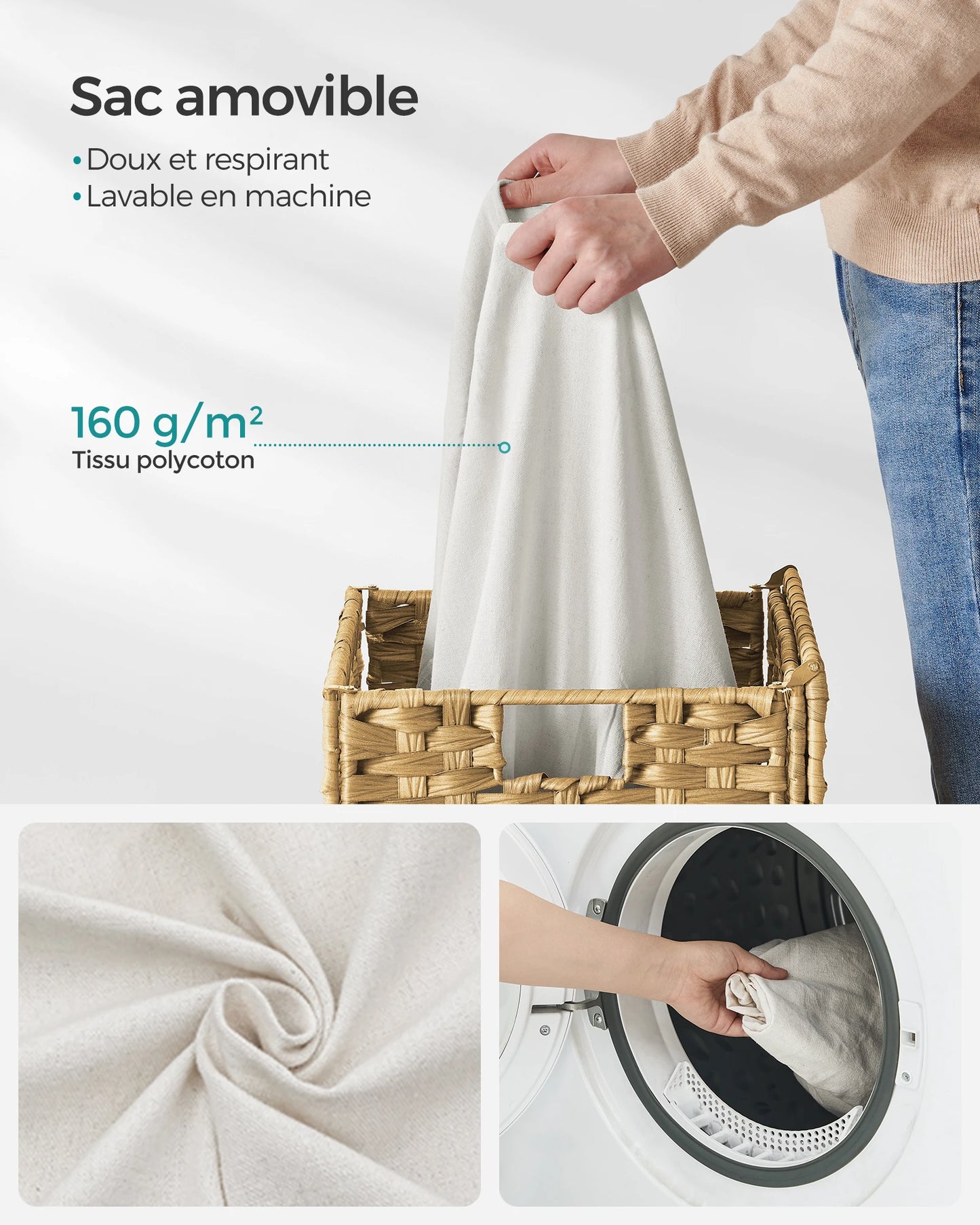 Panier à linge 90L – Panier en rotin synthétique avec couvercle, poignées et doublure amovible