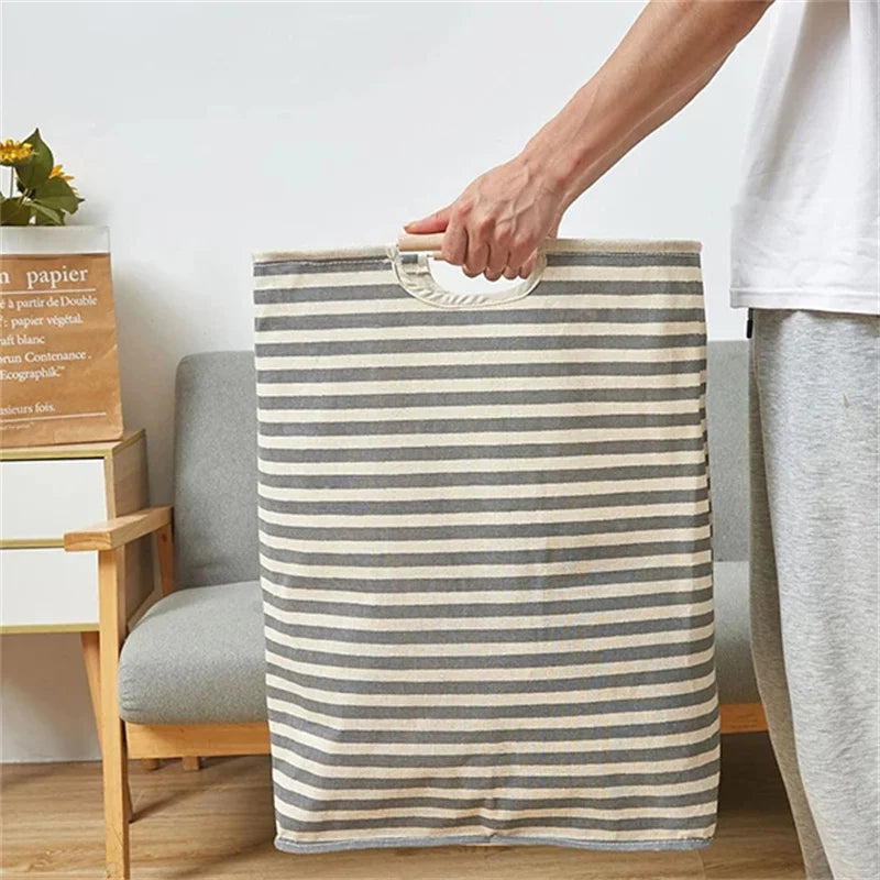 Panier de Rangement en Coton et Lin avec Poignée en Bambou