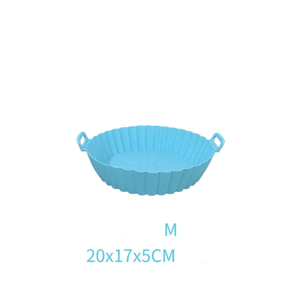 Un panier en silicone pour airfryer couleur bleu + dimensions