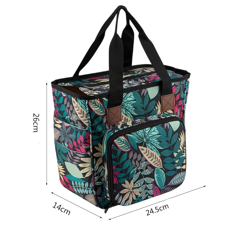 sac de rangement pour tricot, rectangulaire, coloris feuillage vert et bleu, avec dimensions