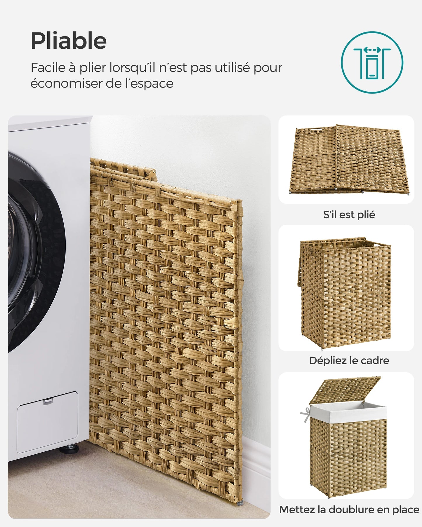 Panier à linge 90L – Panier en rotin synthétique avec couvercle, poignées et doublure amovible