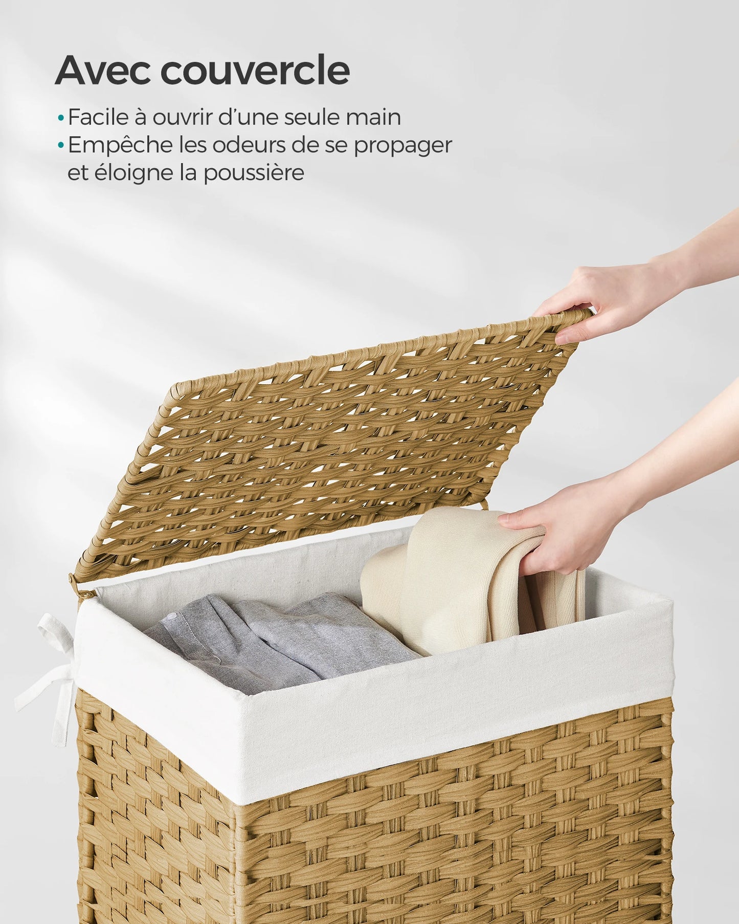 Panier à linge 90L – Panier en rotin synthétique avec couvercle, poignées et doublure amovible