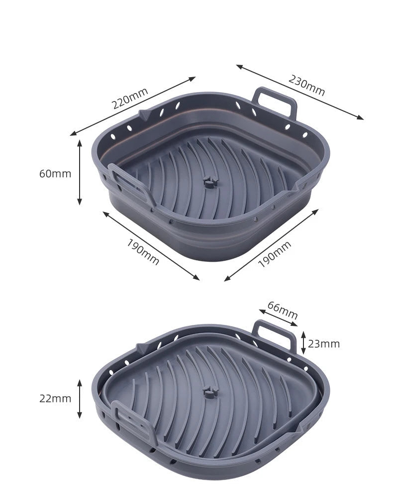 deux paniers en silicone pour airfryer rétractable, un ouvert un fermé + dimensions