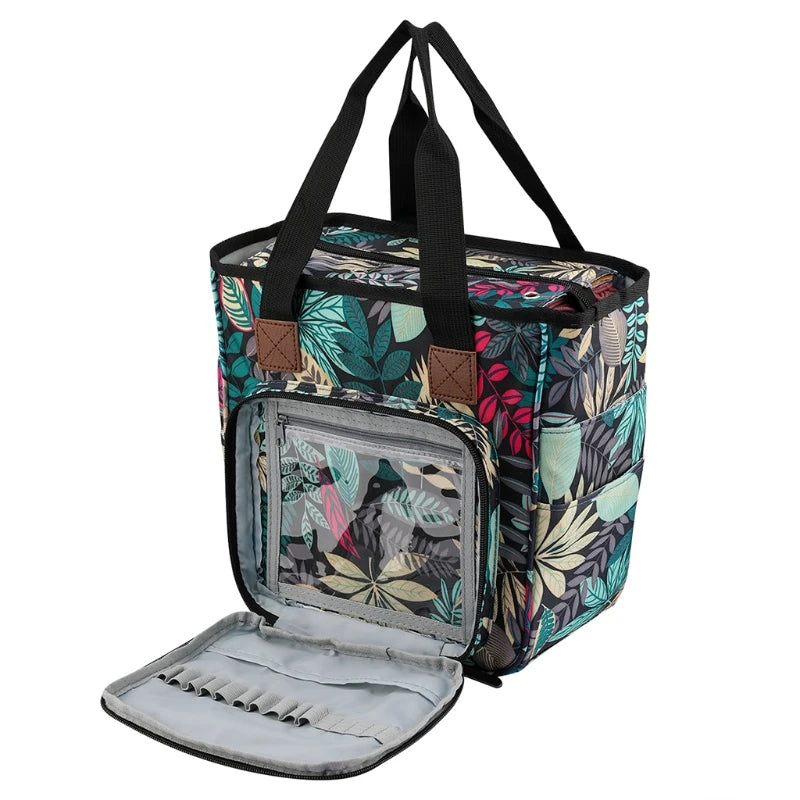 Sac de rangement pour tricot, coloris feuillage vert et bleu, avec un poche avant ouverte
