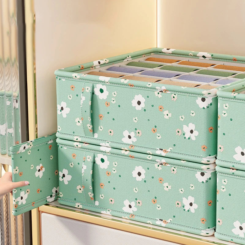 Panier organisateur de rangement en tissu Oxford – Motif fleuri vert menthe