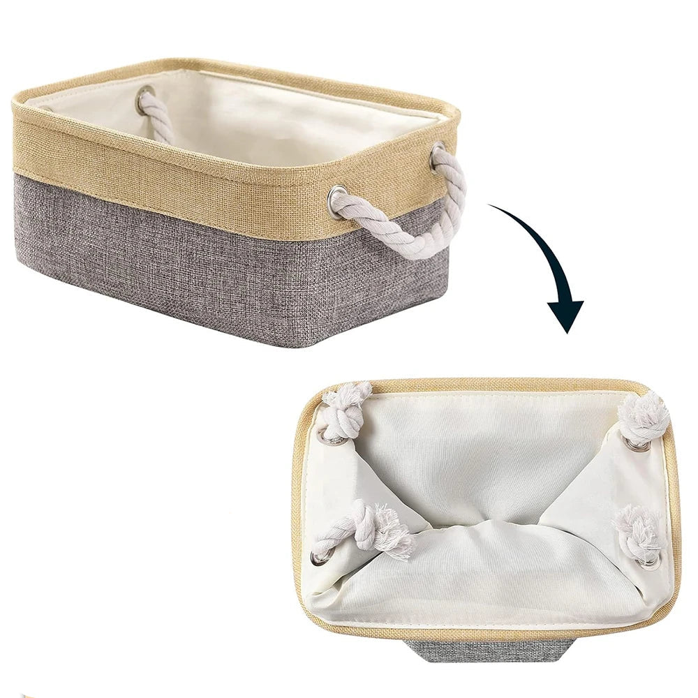 Panier de rangement pliable en lin – Boîte de rangement avec poignées en corde