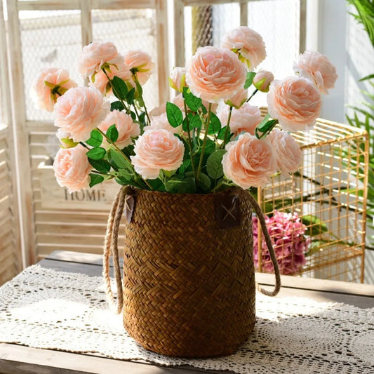 panier seau tissé en jonc de mer, fleurs séchées 