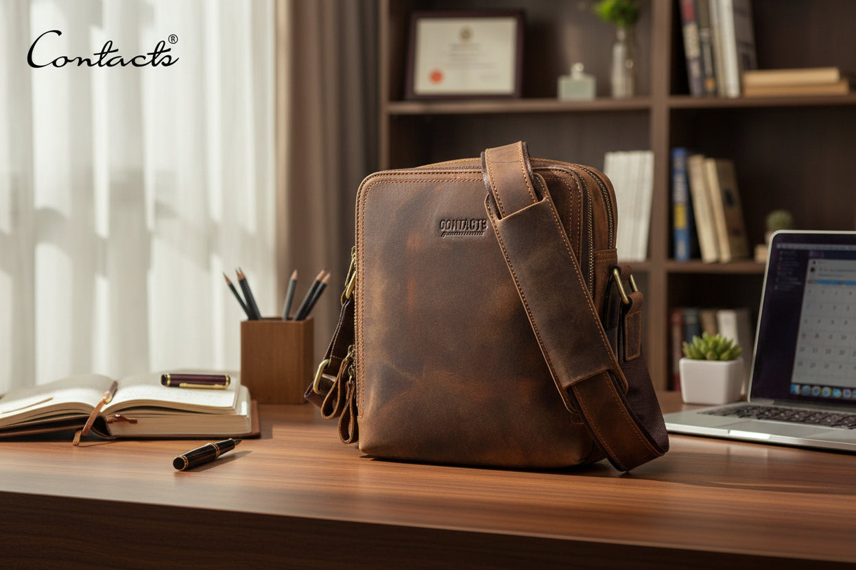 Sacoche en cuir marron pour homme, bandoulière