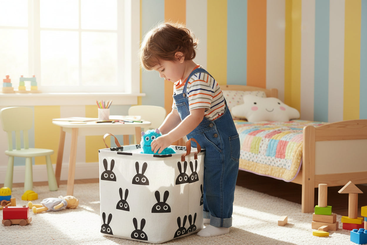 jeune enfant dans sa chambre mettant une peluche dans un panier
