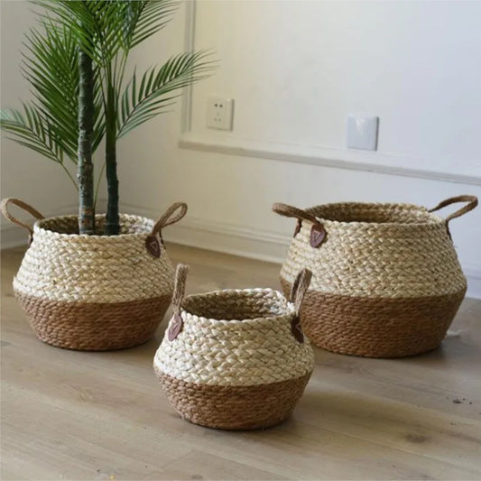 Panier tressé en fibres naturelles maïs et jonc