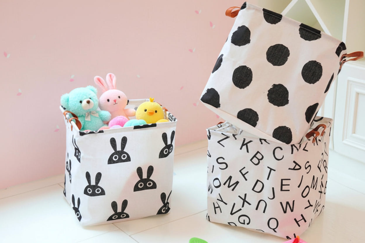 présentation de trois paniers dont un contenant des peluches
