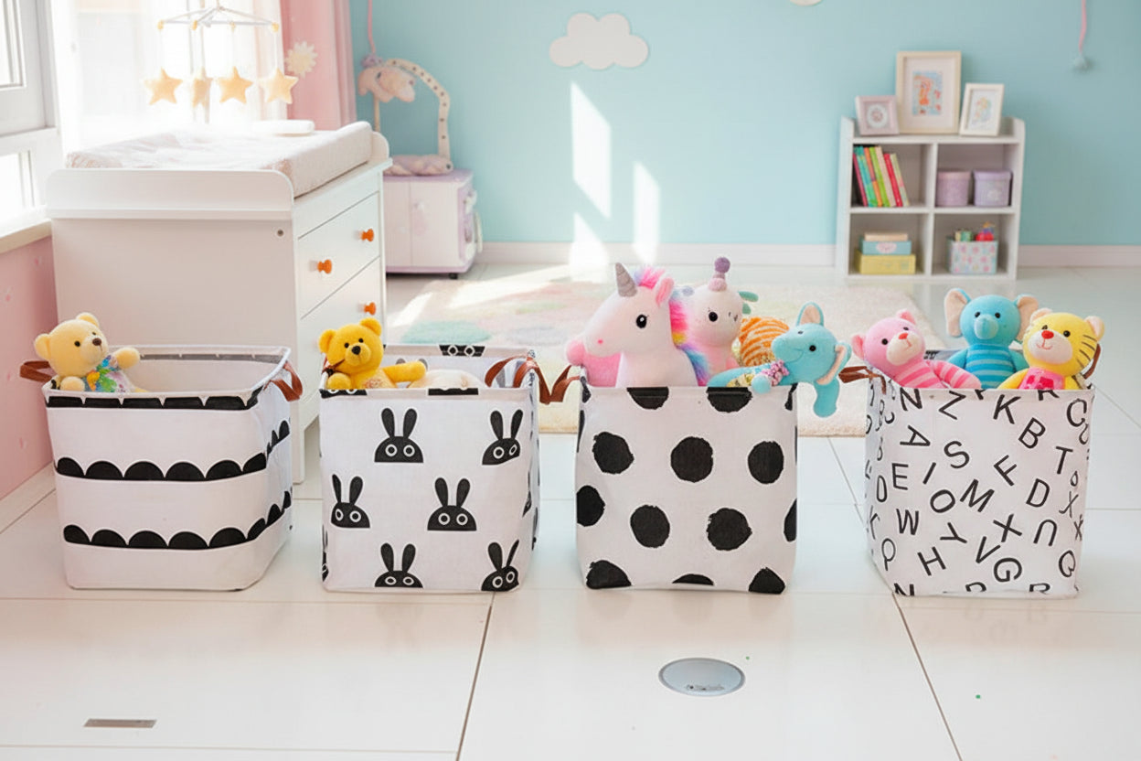 paniers dans une chambre d'enfant, remplis de peluches
