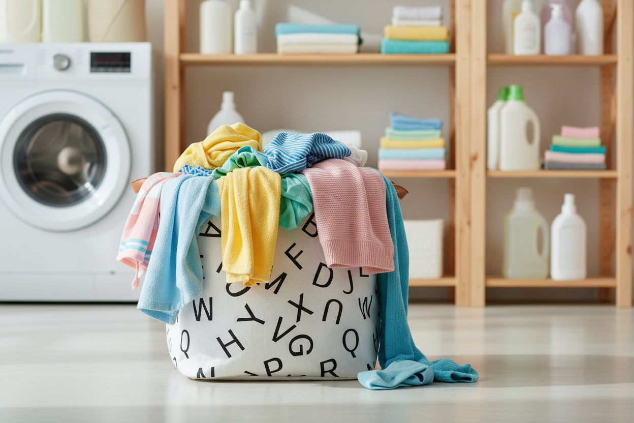 panier rempli de linge dans une buanderie