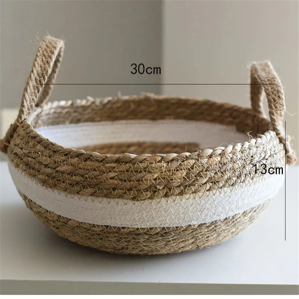 Grand panier rond en jonc tissé – Panier de rangement en vannerie avec anses