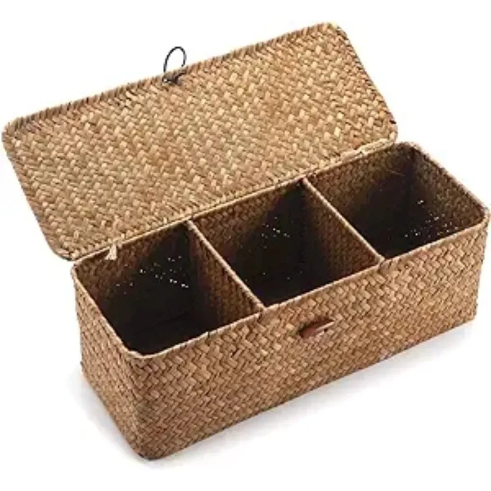 Panier de rangement en jacinthe de mer avec couvercle – 3 compartiments pour cuisine, salle de bain et maison