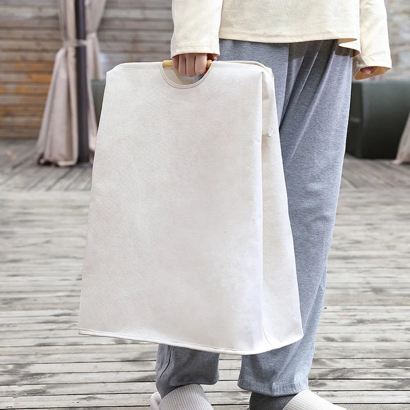 Panier de Rangement en Coton et Lin avec Poignée en Bambou