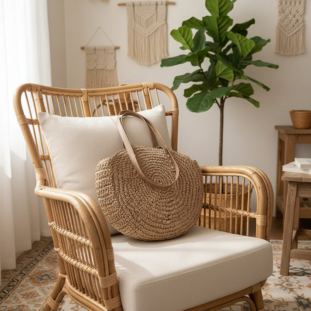 Sac Rond Bohème en Paille Tressée – Élégance Naturelle & Esprit Vacances