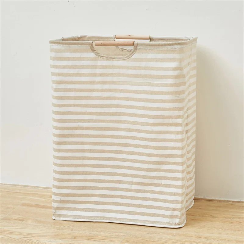 Panier de Rangement en Coton et Lin avec Poignée en Bambou