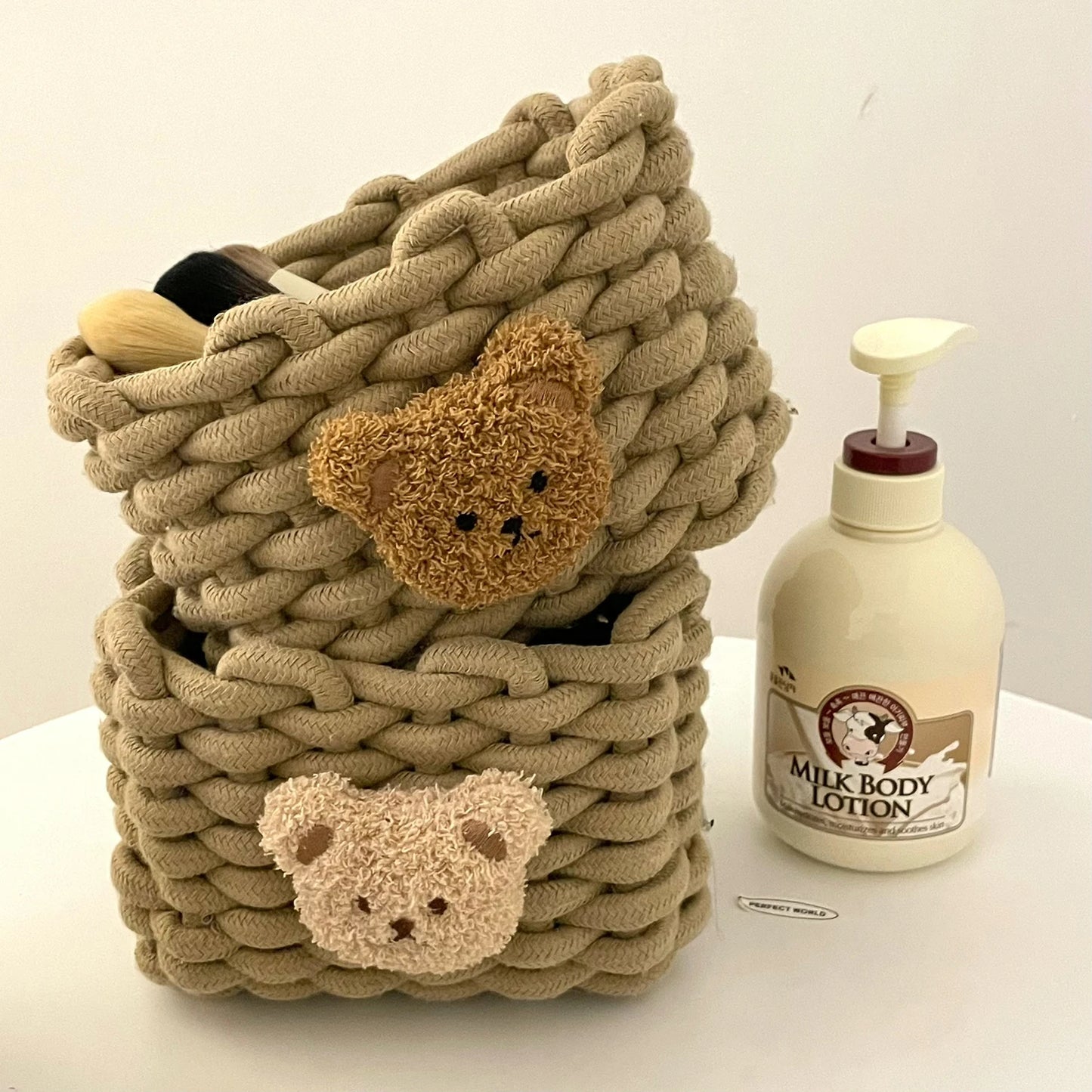 Panier ourson en coton tressé | Rangement déco pour chambre enfant