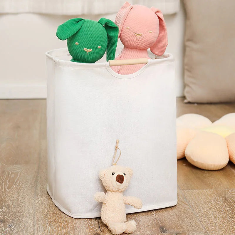 Panier de Rangement en Coton et Lin avec Poignée en Bambou
