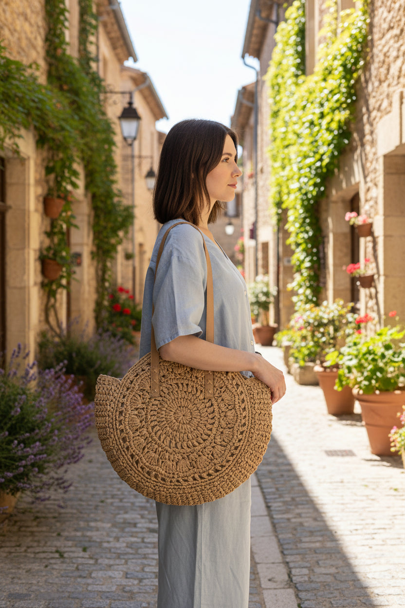 Sac Rond Bohème en Paille Tressée – Élégance Naturelle & Esprit Vacances