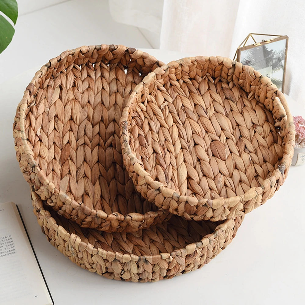 Grand panier rond en jonc tissé – Panier de rangement en vannerie avec anses