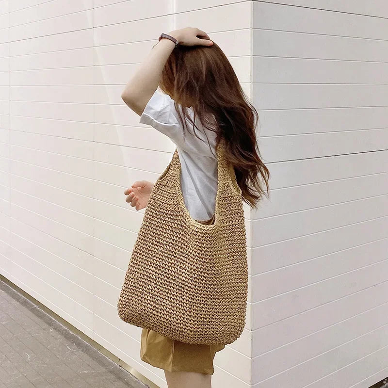 Panier sac cabas en paille tissée