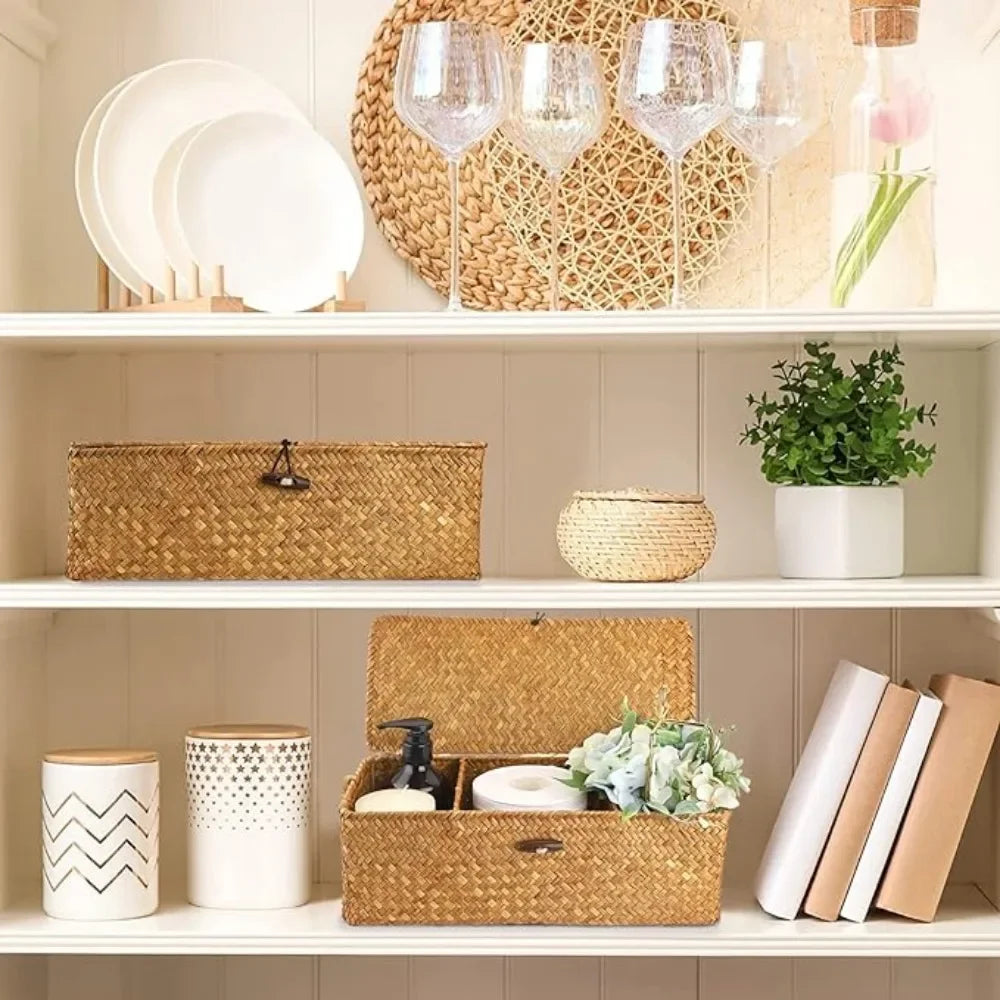 Panier de rangement en jacinthe de mer avec couvercle – 3 compartiments pour cuisine, salle de bain et maison