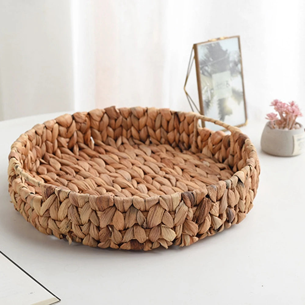 Grand panier rond en jonc tissé – Panier de rangement en vannerie avec anses