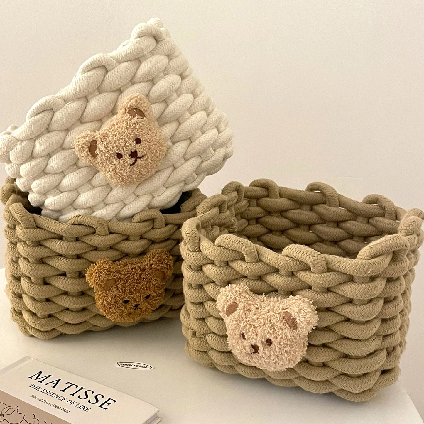 Panier ourson en coton tressé | Rangement déco pour chambre enfant