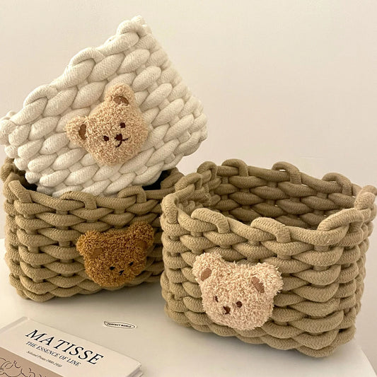 Panier ourson en coton tressé | Rangement déco pour chambre enfant