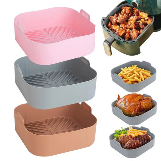"paniers en silicone pour friteuse, gris marron et rose, + nourriture