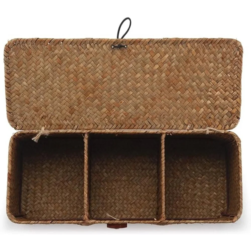 Panier de rangement en jacinthe de mer avec couvercle – 3 compartiments pour cuisine, salle de bain et maison