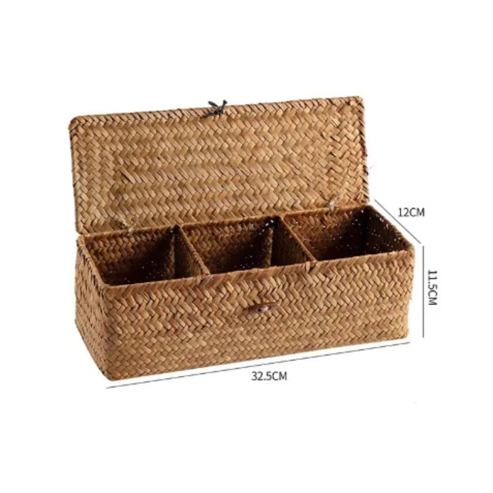 Panier de rangement en jacinthe de mer avec couvercle – 3 compartiments pour cuisine, salle de bain et maison