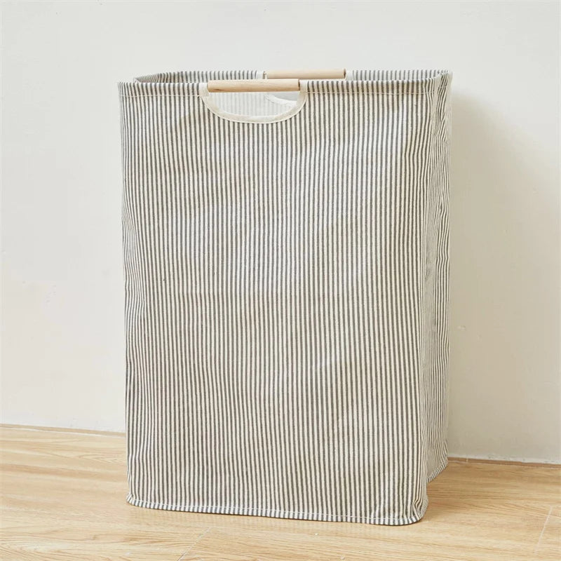Panier de Rangement en Coton et Lin avec Poignée en Bambou