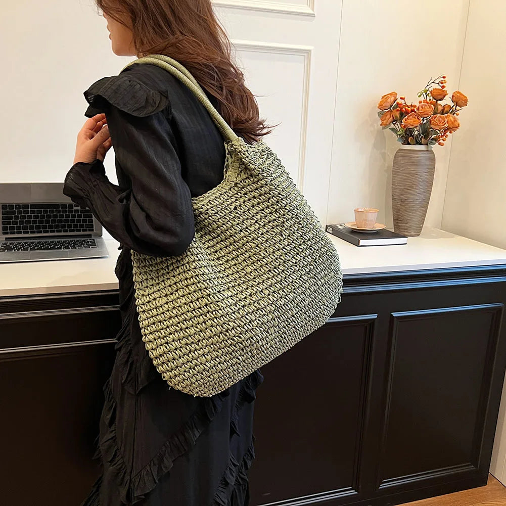 Panier cabas en paille tressée vintage