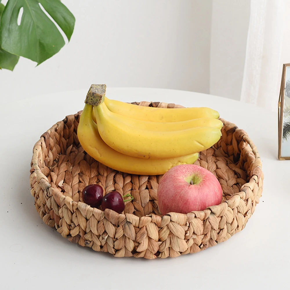 Grand panier rond en jonc tissé – Panier de rangement en vannerie avec anses