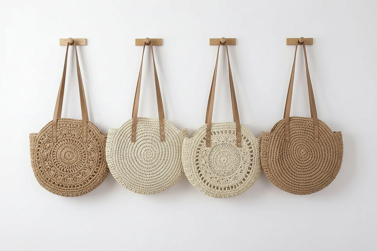 Sac Rond Bohème en Paille Tressée – Élégance Naturelle & Esprit Vacances