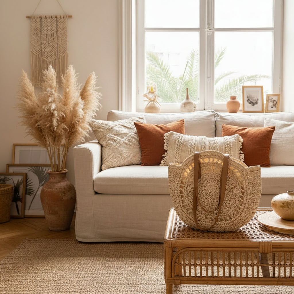 Sac Rond Bohème en Paille Tressée – Élégance Naturelle & Esprit Vacances