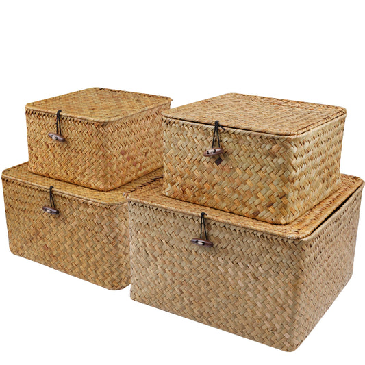 Lot de paniers de rangement en jacinthe de mer avec couvercles – 4 boîtes décoratives naturelles