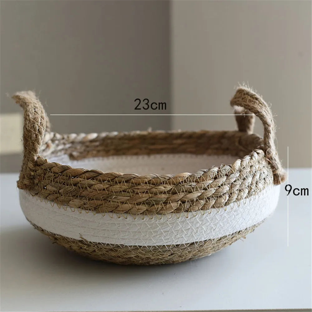 Grand panier rond en jonc tissé – Panier de rangement en vannerie avec anses