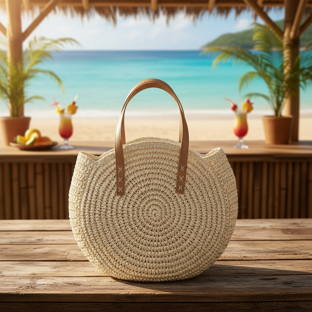 Sac Rond Bohème en Paille Tressée – Élégance Naturelle & Esprit Vacances