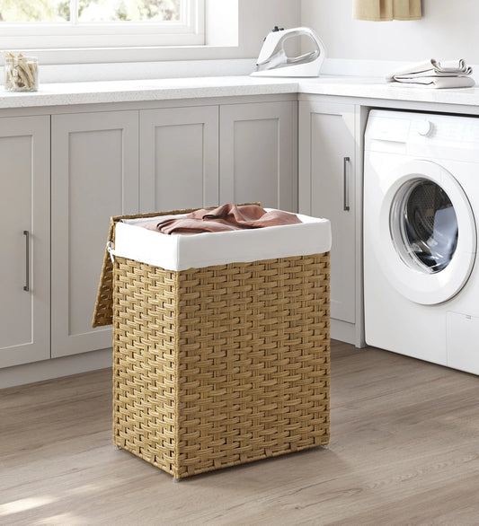 Panier à linge 90L – Panier en rotin synthétique avec couvercle, poignées et doublure amovible