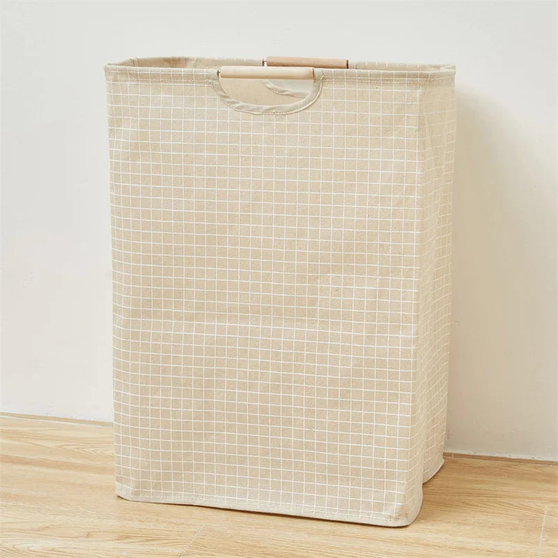 Panier de Rangement en Coton et Lin avec Poignée en Bambou