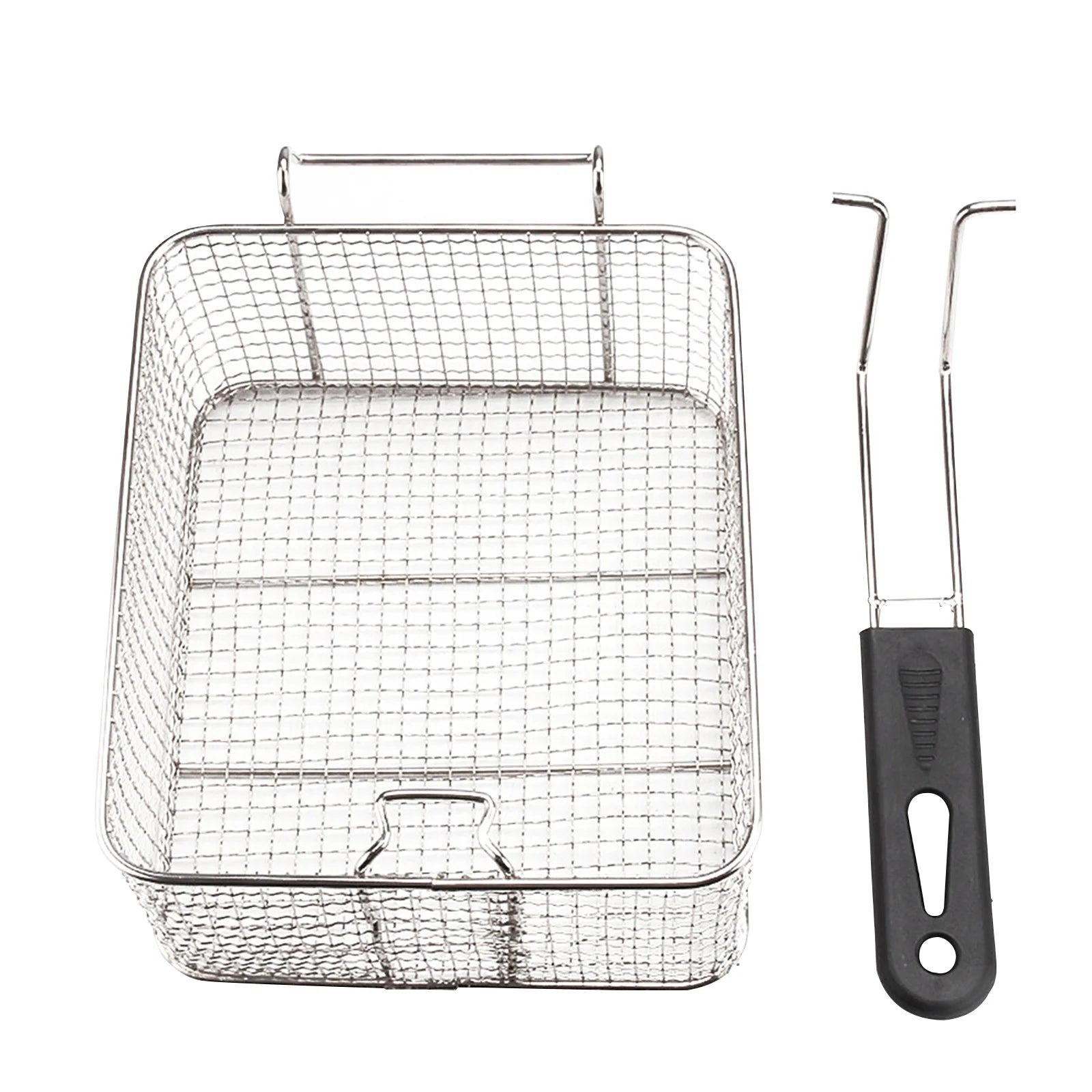 Panier pour friteuse en acier inoxydable, à gauche le panier, à droite la poignée

