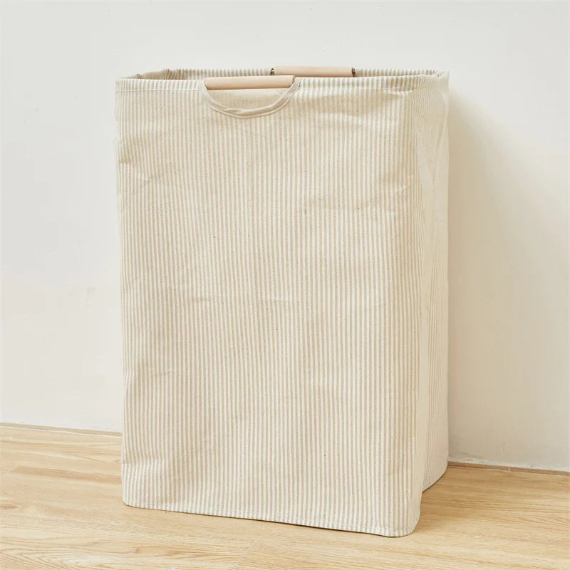 Panier de Rangement en Coton et Lin avec Poignée en Bambou