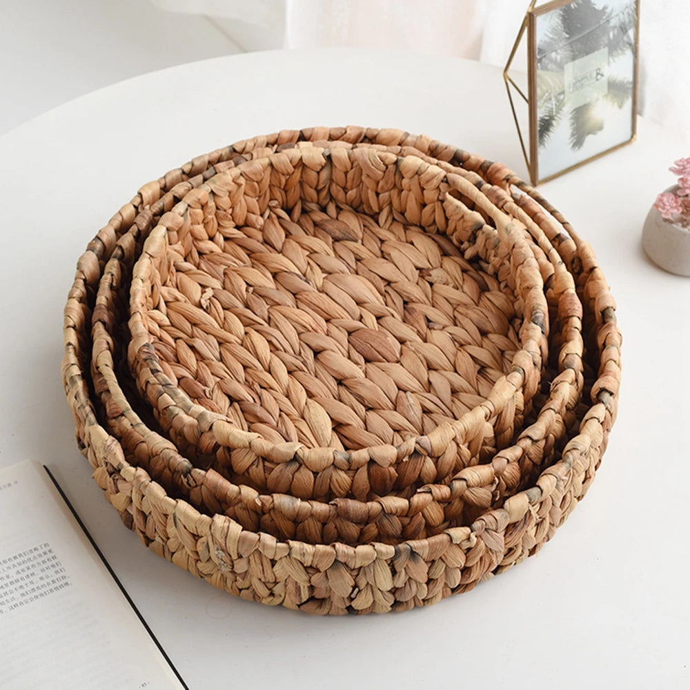 Grand panier rond en jonc tissé – Panier de rangement en vannerie avec anses